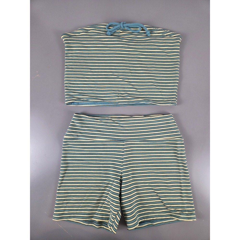 Mono B Womens Striped 2 Piece Loungewear Set Bandeau Top Biker Shorts Teal M